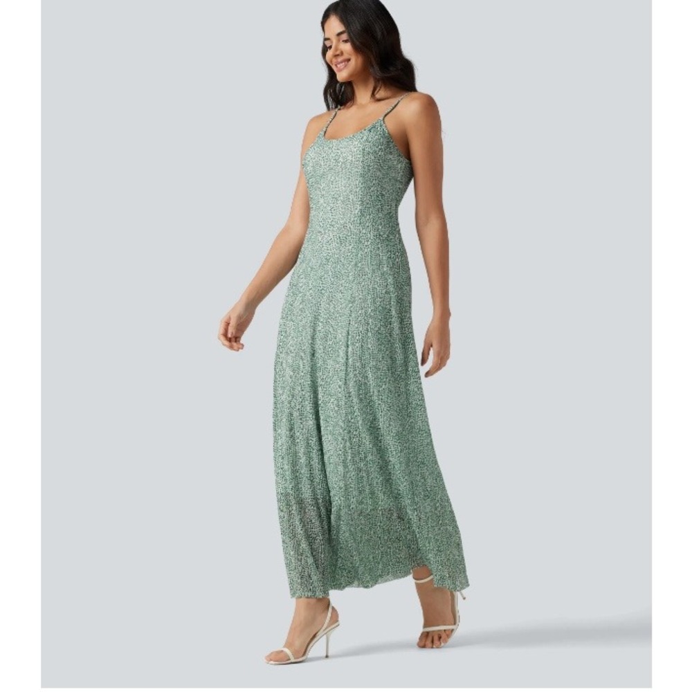 Halara Breezeful Green Polka Dot Maxi Dress Mesh Spaghetti Strap Womens Large - Picture 3 of 12